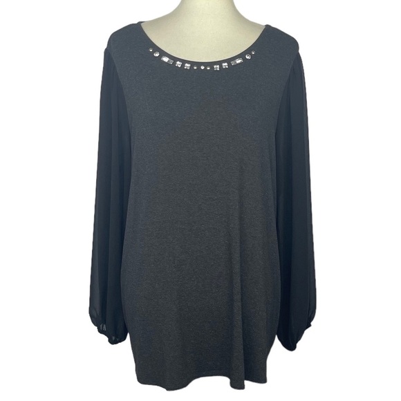 Vince Camuto Shirt‎ Womens 1X Grey Knit Jewel Neck Black Sheer Sleeves Stretch - Picture 1 of 8